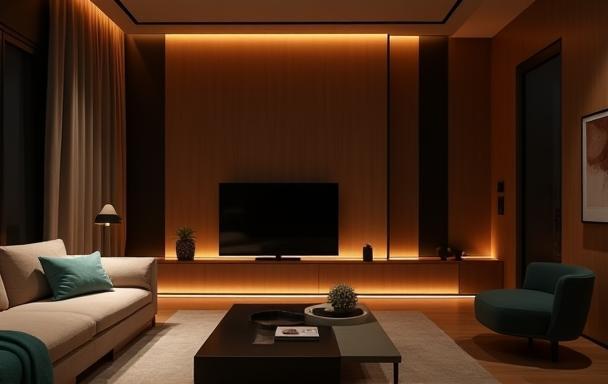 Minimalist Türk akıllı ev iç mekanı - loş aydınlatma, modern mobilya