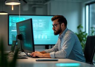 Akıllı ofis otomasyonu ile çalışan girişimci, modern iş ortamı