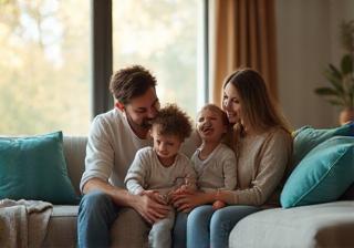 Çocuklu aileler için akıllı ev ortamı, mutlu aile sahnesi